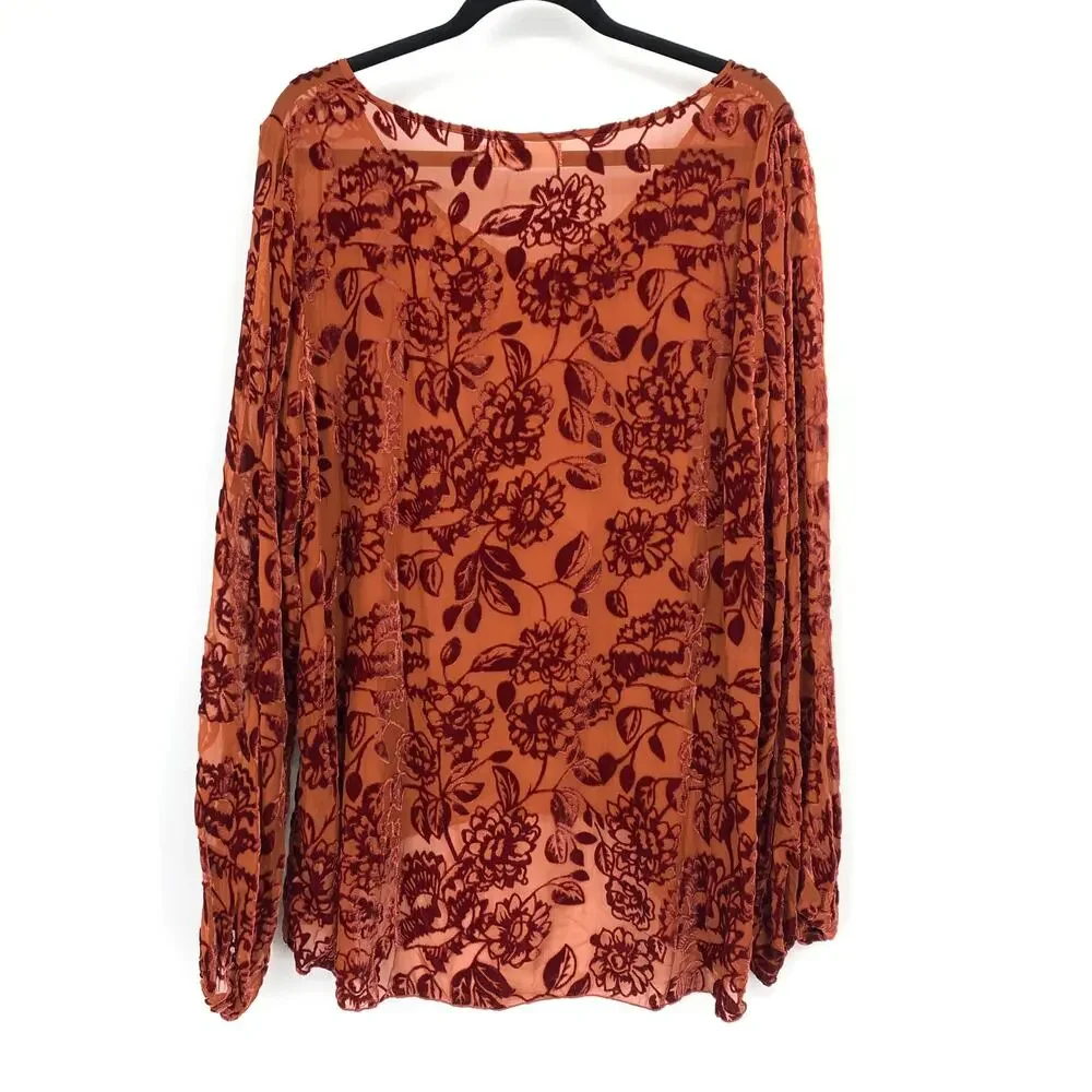 4 Love & Liberty Johnny Was Silk Rayon Velvet Burnout Top Floral Rust Brown XL
